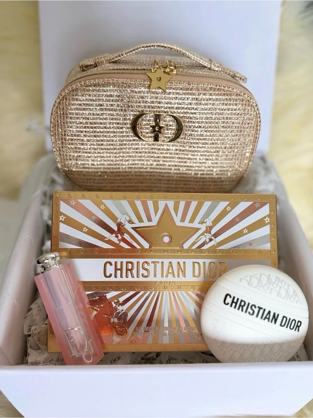 Christian Dior Beauty Gift Set Gold Vanity Bag Lip Glow Compact Limited Edition